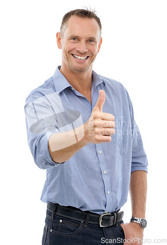 Image of Man, studio and thumbs up portrait with hand for support, yes or like emoji isolated on a white background. Happy model person with sign or icon for thank you, vote or review for winning motivation