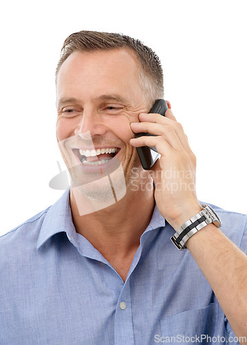 Image of Phone call, contact and networking with a mature man in studio isolated on a white background. Mobile, talking and conversation with a handsome male on blank space for communication or chatting