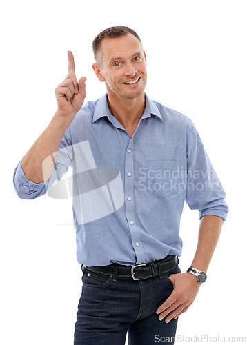 Image of Question, hand and portrait of a man pointing for communication isolated on a white background. Happy, curious and businessman with a gesture for a vote, answer or volunteering on a backdrop