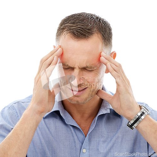 Image of Stress, headache and business man in studio with migraine isolated on a white background. Mental health, burnout and face of mature male entrepreneur with anxiety, pain or head ache and depression.