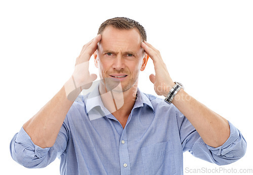 Image of Portrait, headache and stress of business man in studio with migraine isolated on a white background. Mental health, burnout and face of mature male entrepreneur with anxiety, pain or depression.