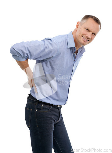 Image of Portrait, business man and back pain in studio isolated on a white background. Burnout, fatigue stress and mature male entrepreneur with fibromyalgia, arthritis or painful spine injury after accident