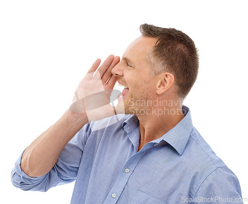 Image of Announcement, hand and man isolated on a white background for sale, promotion or business broadcast. Shout, voice and opinion of a professional or corporate person or model on studio mockup