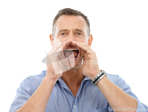 Image of Shouting, yelling and portrait of a man with an announcement isolated on a white background. Screaming, crazy and businessman cupping hands for gossip, conversation or communication on a backdrop