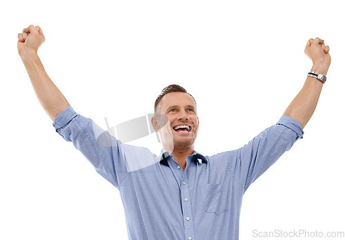 Image of Yes, winner and man isolated on a white background for winning, success and bonus arms or fist pump. Celebration, freedom and happy person or model for sales, profit or achievement on studio mockup