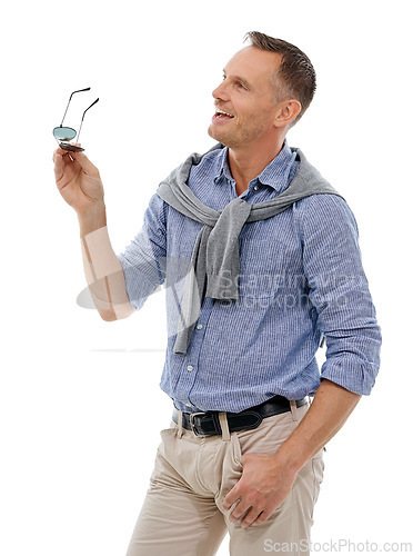 Image of Happy, man and mature person with isolated white background in a studio feeling calm. Sunglasses, vacation fashion and holiday clothes of a male model with mockup and happiness with a smile