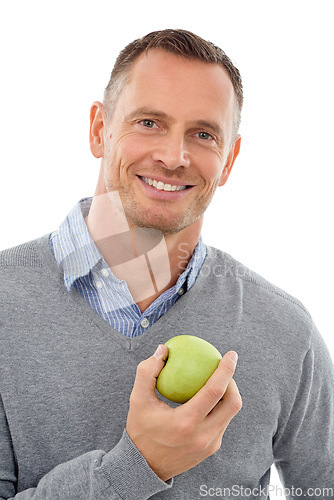 Image of Man, happy studio portrait and apple fruit for health, diet and wellness isolated on a white background. Model person with nutrition vegan food for a healthy lifestyle, motivation and clean eating