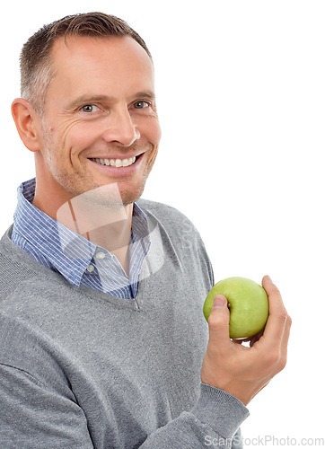 Image of Man, happy portrait and apple fruit for health, diet and wellness isolated on a white background. Model person with nutrition vegan food for a healthy lifestyle, motivation and clean eating in studio