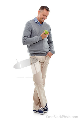 Image of Man, apple fruit and healthy eating for health, diet and wellness isolated on a white background. Model person with vegan nutriot food for a green lifestyle, motivation and clean eating with space