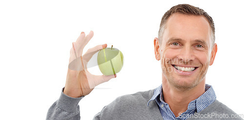 Image of Man, happy portrait and apple in hand for health, diet and wellness isolated on a white background. Model person with vegan nutrition apple food for a healthy lifestyle, motivation and clean eating