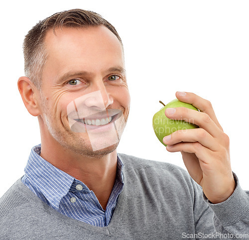 Image of Man, apple and happy studio portrait with fruit for health, diet and wellness isolated on a white background. Model person smile for vegan nutrition food for healthy lifestyle, motivation and eating
