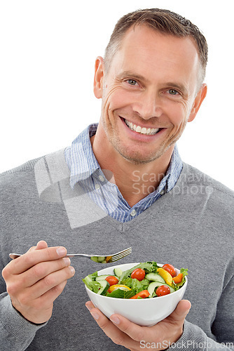 Image of Salad, vegetables and and portrait of a man with bowl for diet and wellness isolated on a white background. Happy model person with vegan nutrition food for healthy lifestyle, motivation and health