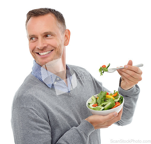 Image of Man with salad, vegetables and smile while eating, healthy lifestyle with vegan and diet isolated on white background. Happy person, food wellness and nutrition, health and organic vegetable meal