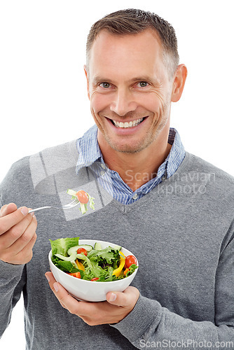 Image of Man, green salad and portrait for health, diet and wellness isolated on a white background. Happy model person with vegan nutrition food bowl for healthy lifestyle, motivation and eating vegetables