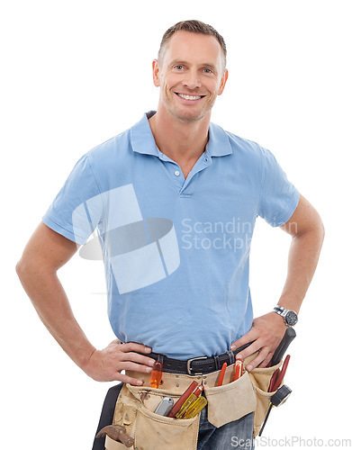 Image of Construction worker, tools belt and portrait of man on white background for engineering, maintenance and building. Manual labor, repair service and face of contractor, builder and handyman with gear