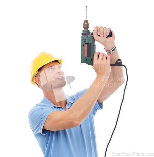 Image of Drill, construction tools and man with ppe helmet for engineering, maintenance and building. Manual labor, repair service and contractor, builder and handyman with electric gear on white background