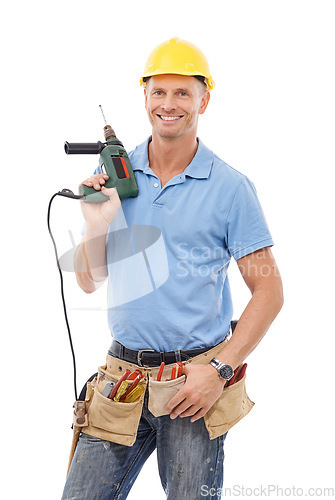 Image of Drill, construction tools and portrait of man with smile in engineering, maintenance and building. Manual labor, repair service and contractor, builder and handyman with gear belt on white background