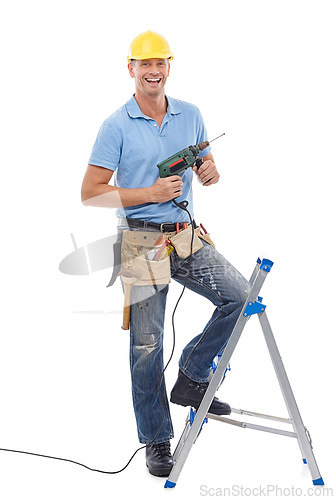 Image of Portrait, construction and a DIY man in studio isolated on a white background with a ladder and drill. Building, design and industry with a male handyman using an electric tool for renovation