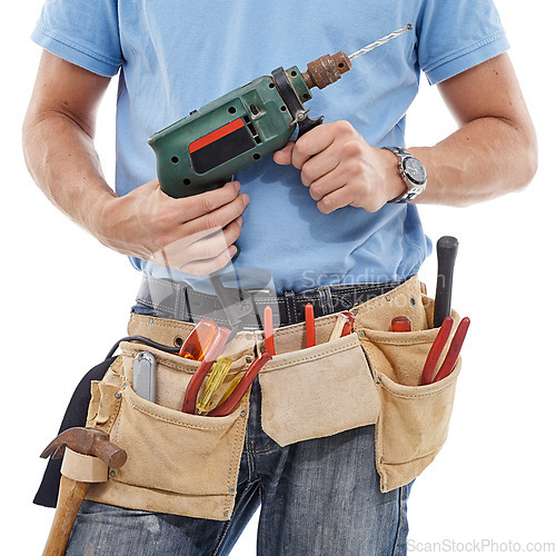 Image of Drill, construction and hands of man with tools belt for engineering, maintenance and building on white background. Manual labor, technician service and contractor, builder and handyman with gear bag