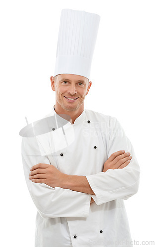 Image of Leadership, confidence and portrait of chef with smile, cafe owner and small business in restaurant industry. Isolated on white background, happy executive cook in uniform and arms crossed in studio.