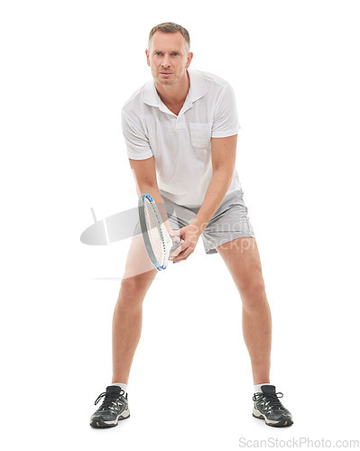 Image of Tennis, sports portrait and man in studio isolated on white background for exercise. Training, athlete and mature male holding racket ready to start workout for fitness, game practice or wellness.