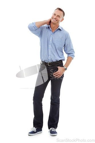 Image of Portrait, fashion and man with smile, stylish and cheerful guy isolated on white studio background. Face, happy male and confident gentleman with comfortable outfit, casual clothes and on backdrop