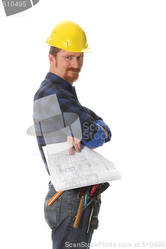 Image of construction worker with architectural plans 