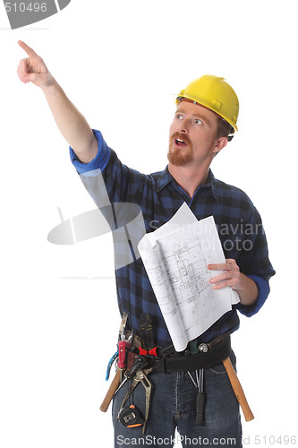 Image of construction worker pointing on architectural plans