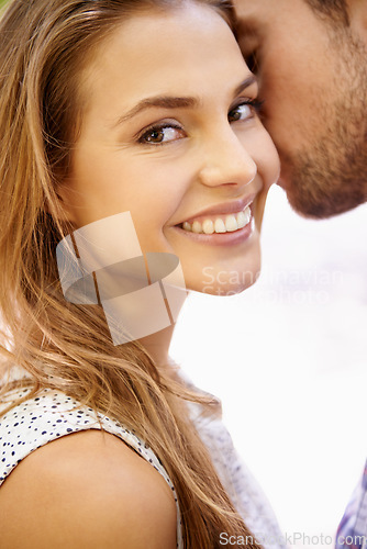 Image of Happy couple, portrait or bonding hug in romance date, valentines day or love in park, backyard or relax garden. Zoom, face or man and woman smile in intimate embrace, cheek kiss or support security