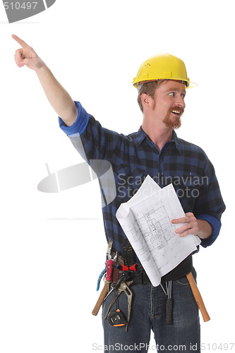 Image of construction worker pointing on architectural plans