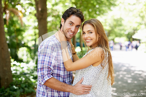 Image of Couple hug, bonding and portrait on love date, valentines day or romance in nature park or relax garden. Smile, happy or embrace for woman and man in girlfriend trust, security and honeymoon support