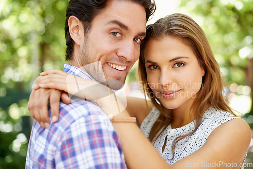 Image of Couple portrait, hug or bonding in garden, nature or park on valentines day date, romance love or holiday. Smile, happy man or woman in embrace, relax trust or partnership support for profile picture