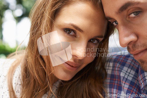 Image of Couple, portrait or bonding on valentines day, romance date or love break in nature park, garden or relax backyard. Zoom, happy or man face and woman in trust, security or support for profile picture