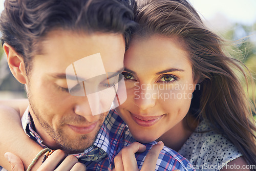 Image of Couple hug, face and portrait on love date, valentines day or romance in nature park or relax garden bonding. Zoom, smile and happy embrace for woman and man in trust, security and honeymoon support