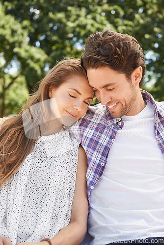 Image of Happy couple, hug and emotion on love date, valentines day or nature park romance in relax garden bonding. Smile, happy and embrace for woman and man in trust, marriage security and honeymoon support