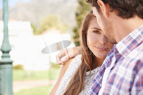 Image of Happy couple, trust or portrait hug on love date, valentines day or romance bonding in nature park or relax garden. Smile, woman or man in embrace care, marriage security or anniversary celebration