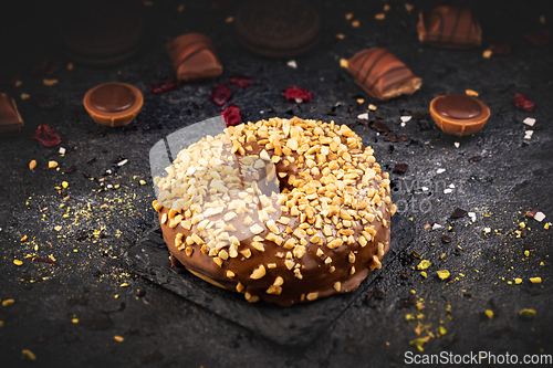 Image of Still life of chocolate donut