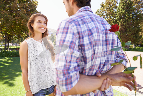 Image of Rose, surprise and valentines day with a couple in a park together for love, romance or dating in summer. Romantic, dating and special with a man hiding a flower behind his back for his girlfriend