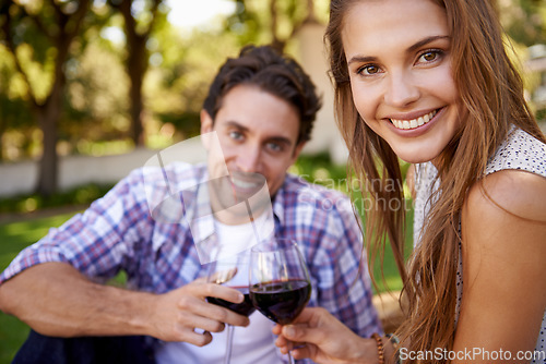 Image of Happy couple, portrait or wine toast for love picnic, valentines day or romance date bonding in nature park or garden. Smile, woman or man and alcohol drinks glass in marriage anniversary celebration