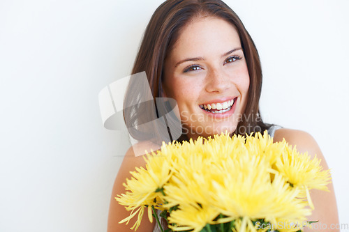 Image of Happy, smile and flowers with portrait of woman and mockup for spring, celebration and gift. Floral, summer and beauty with girl and bouquet isolated on white background for date, present and event