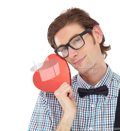 Image of Love, nerd and portrait of man with heart emoji or icon for romance and valentines day isolated on white background. Smile, happy geek and valentine shape surprise with glasses and bow tie in studio.