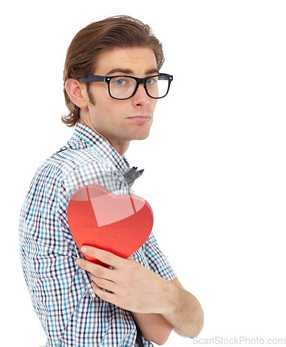Image of Love, depression and portrait of man with heart emoji, romance and valentines day isolated on white background. Waiting, sad geek and valentine shape chocolate box with glasses and bow tie in studio.