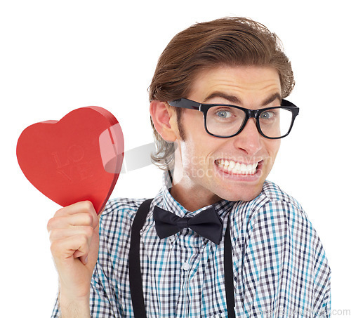 Image of Portrait of man, excited and holding heart emoji for love, romance and valentines day isolated on white background. Smile, happy geek and valentine shape surprise with glasses and bow tie in studio.