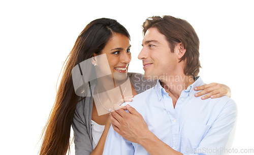 Image of Happy, love and couple hug in studio, smile and relax while bonding on white background. Interracial, marriage and moment by man with woman for valentines day, embrace and enjoy relationship isolated