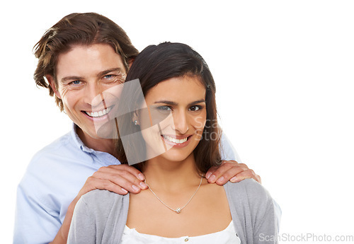 Image of Portrait, love and couple hug in studio, smile and relax while bonding on white background. Interracial, marriage and face of man with woman for valentines day, embrace or enjoy relationship isolated