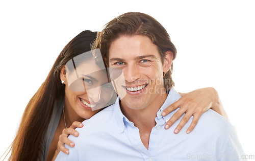 Image of Portrait, love and couple hug in studio, happy and relax while bonding on white background. Interracial, marriage and face man with woman for valentines day, embrace and enjoy relationship isolated