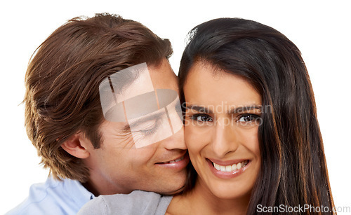 Image of Hug, portrait and love by couple in studio, happy and relax while bonding on white background. Interracial, romance and face of man hugging woman for valentines day, embrace and relationship isolated