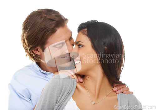 Image of Face, hug and love by couple in studio, happy and relax while bonding on white background. Interracial, romance and man hugging woman for valentines day, embrace or sweet relationship moment isolated