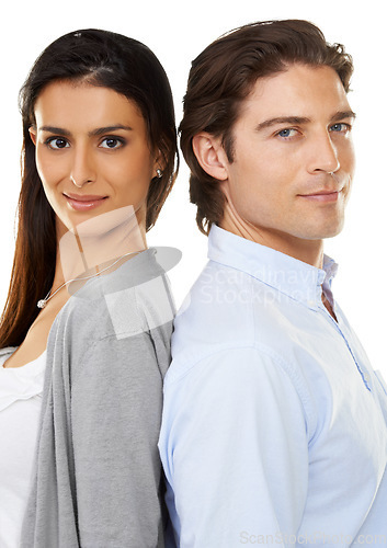 Image of Couple, portrait smile and back together in relationship isolated against a white studio background. Happy woman and man face smiling in happiness and touching backs in romance, bonding or commitment