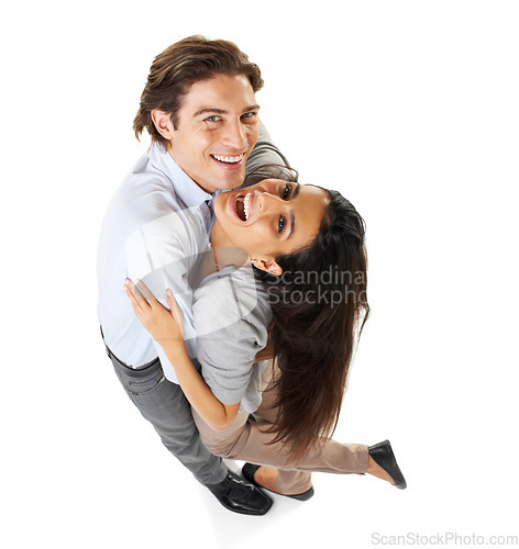 Image of Top view, love and couple dance, portrait and happiness for romance, bonding and isolated on white studio background. Mockup, man and woman hug, dancing and romantic for relationship, dating or smile